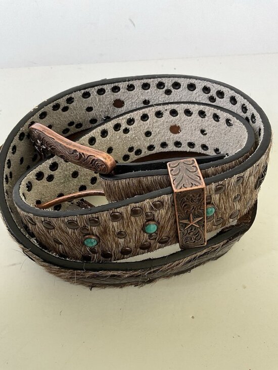 Western Leather Hair On Cowhide Belt Turquoise Stone Copper Buckle Tooled Tip 36 main image 5